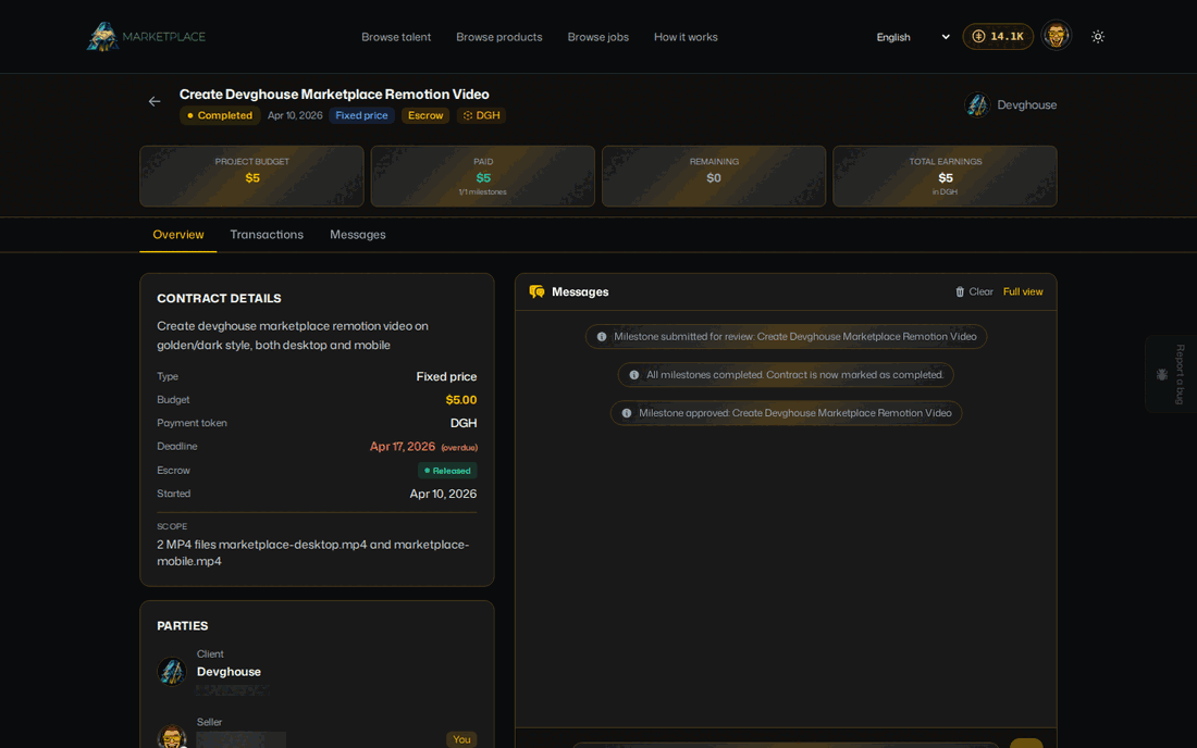The same run inside a DevGhouse realm, with the team, contracts and shared credits