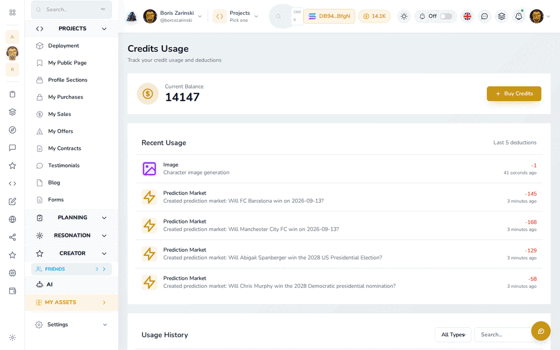 Your credit balance, a usage log, and one button to buy more.